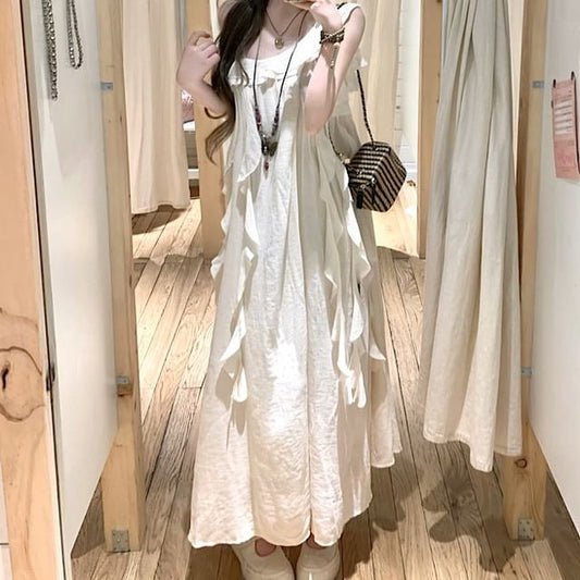 A-Line Midi Ruffle Trim Plain Sleeveless Dress Asymmetrical