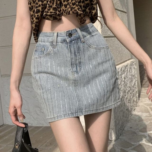 Mini Pencil Striped Denim Rhinestone High Skirt Rise