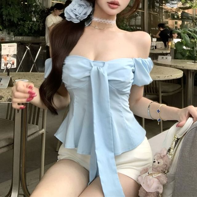 Puff-Sleeve Slim Bow Fit Plain Off-Shoulder Top