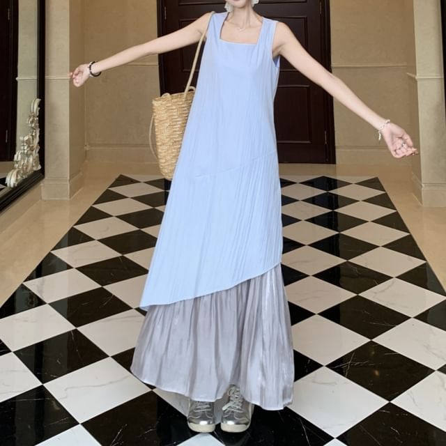 A-Line Dress Neck Asymmetrical Sleeveless Square Midi Paneled