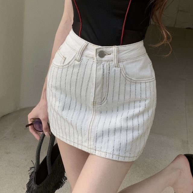 Mini Pencil Striped Denim Rhinestone High Skirt Rise