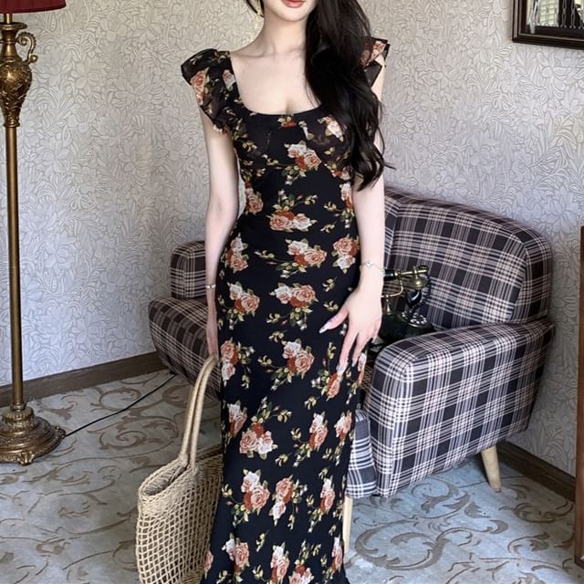 Dress Floral Sheath Neck Maxi Scoop Cap-Sleeve Trim Ruffle