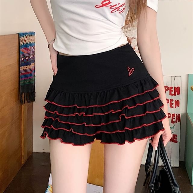 Skort Lettering Off-Shoulder Tiered Tee High Dotted / Slim Waist Fit Cap-Sleeve