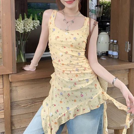 Floral Ruffle Top Square Trim Slim Tank Fit Asymmetrical Neck