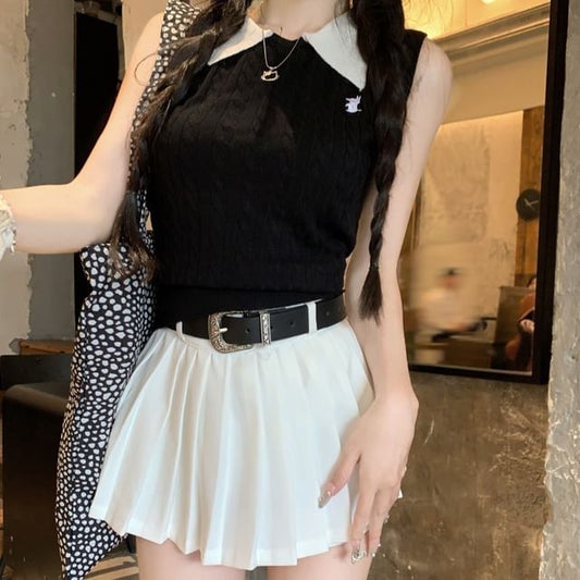 Collar Knit Pleated A-Line Tank Top Plain Contrast High Mini Skirt Waist /