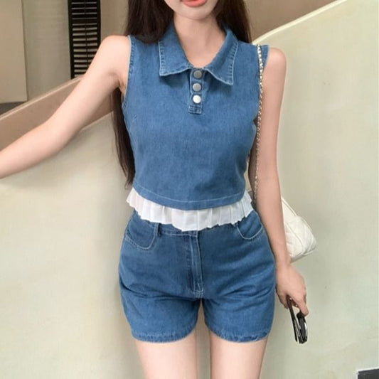 / Denim Shorts Frill Waist Tank Trim Collar High Henley Crop Top