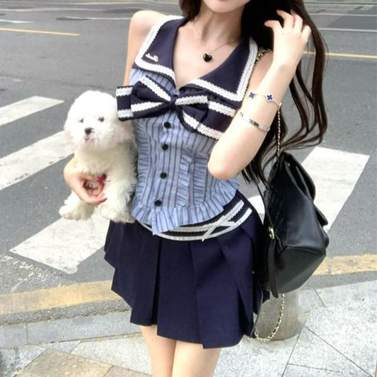 Collar Striped / Rise Mini Skirt Bow A-Line Sleeveless Blouse Pleated High