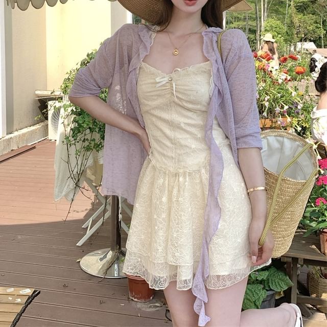 Bow Spaghetti A-Line Lace Melange Strap Ruched Mini Cardigan Dress Ruffle Trim Panel /