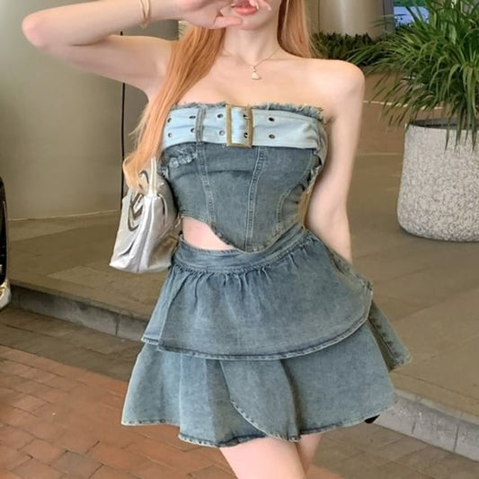 Crop Tube Belted Top Asymmetrical A-Line Denim Tiered Mini Skirt + High Set: Waist