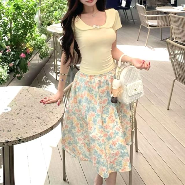 Midi Fit Neck Bow Short-Sleeve Floral T-Shirt Waist Elastic Slim Skirt A-Line Scoop /