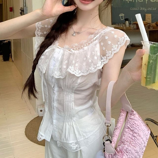 Blouse Lace Fit Cap-Sleeve Slim Off-Shoulder Panel Pintuck
