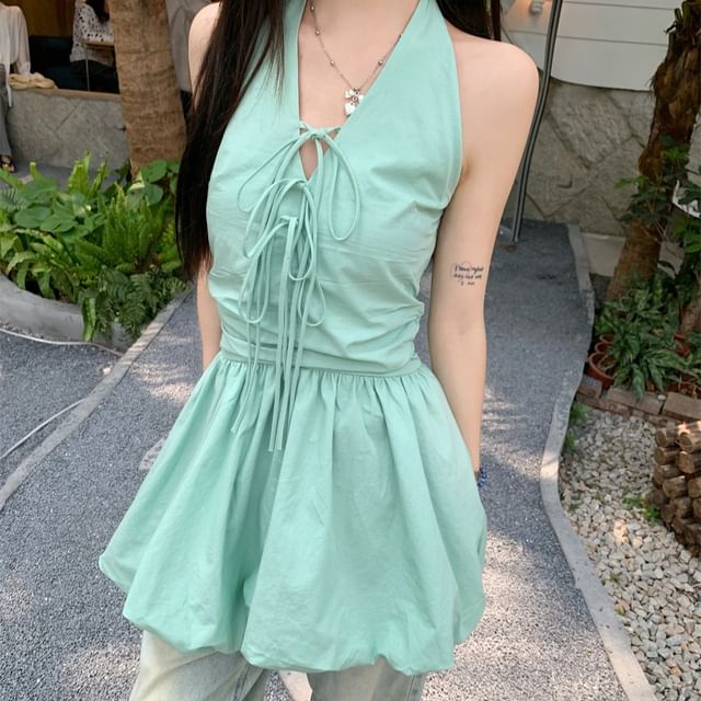 Bubble V-Neck A-Line Bow Mini Halter Plain Hem Skirt