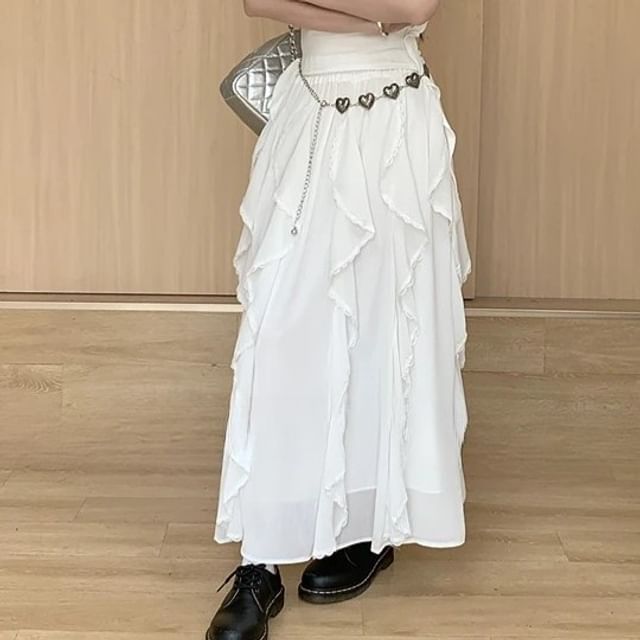 Elastic Waist Trim Asymmetrical Tank A-Line / Fit Ruffle Midi Skirt Top Plain Slim