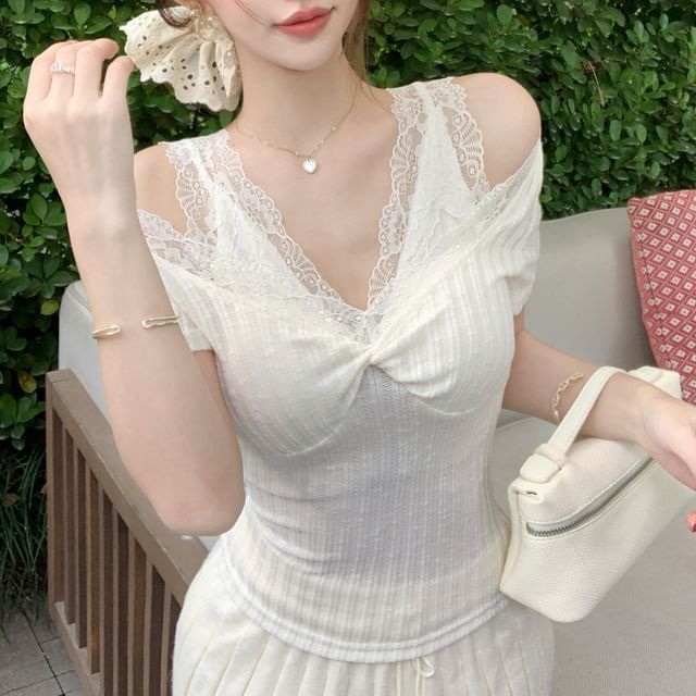 Fit Tee Ribbed Slim Lace Short-Sleeve Cold-Shoulder Plain V-Neck Trim