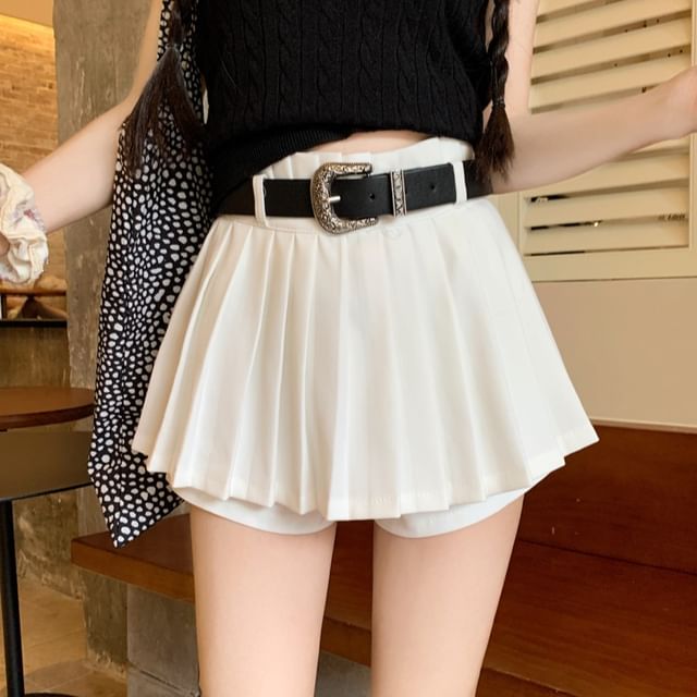 Collar Knit Pleated A-Line Tank Top Plain Contrast High Mini Skirt Waist /