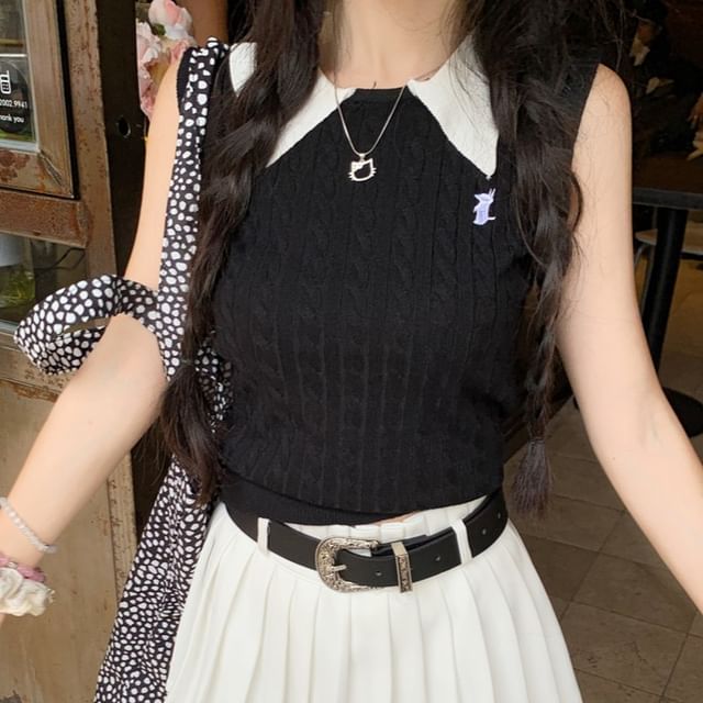 Collar Knit Pleated A-Line Tank Top Plain Contrast High Mini Skirt Waist /