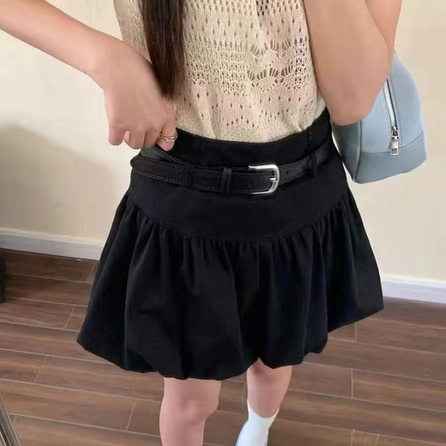 Bubble + Mini Rise High Belt A-Line Skirt Plain Set: Hem