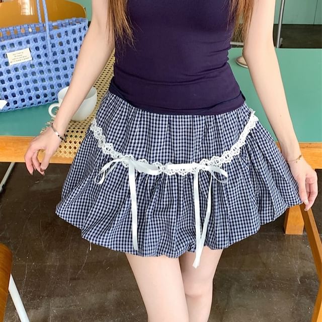 Trim Lace Tee Skirt Plaid A-Line Plain / Scoop Bubble Hem Slim Neck Bow Waist Fit Elastic Mini Short-Sleeve