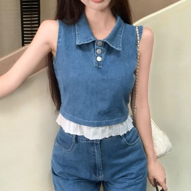 / Denim Shorts Frill Waist Tank Trim Collar High Henley Crop Top
