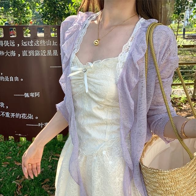 Bow Spaghetti A-Line Lace Melange Strap Ruched Mini Cardigan Dress Ruffle Trim Panel /