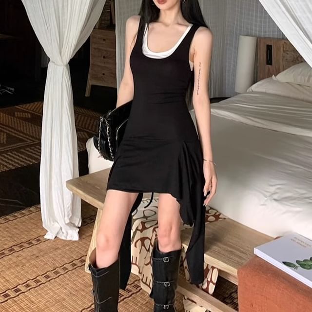 Asymmetrical Tank Set: Slim Mini + Top Bodycon Scoop Fit Neck Dress Plain Sleeveless