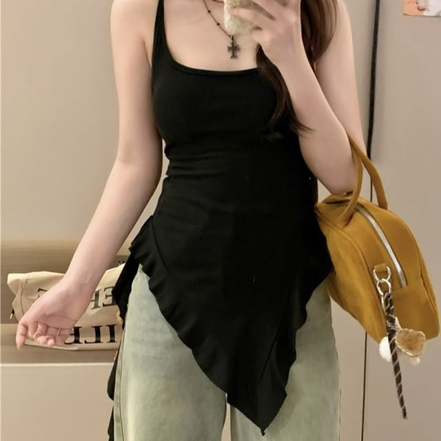 Long Ruffle Neck Square Slim Tank Asymmetrical Trim Plain Fit Top