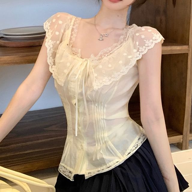 Blouse Lace Fit Cap-Sleeve Slim Off-Shoulder Panel Pintuck