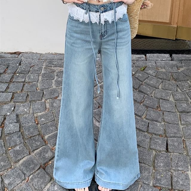 Rise Jeans High Flared Panel Washed Lace