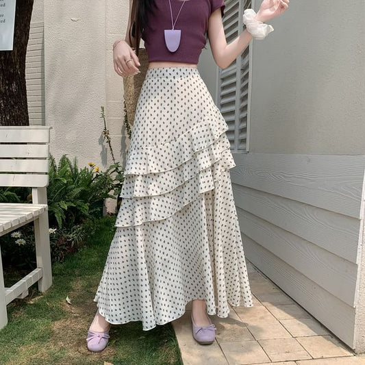 Midi Skirt A-Line Floral Waist Tiered High Asymmetrical