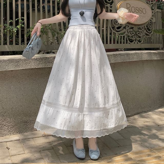 Lace Skirt Midi Panel Waist Elastic A-Line Floral