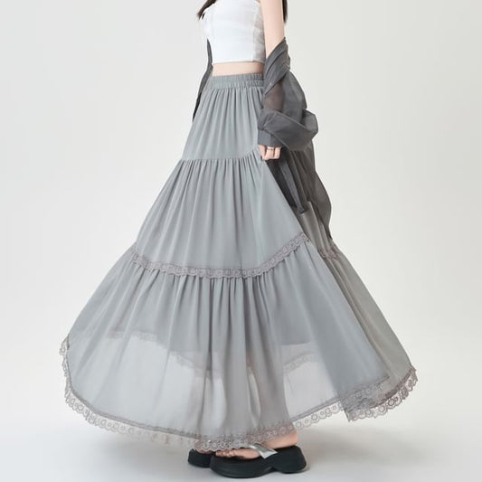 Waist Midi Skirt Plain Lace A-Line Trim Elastic Tiered