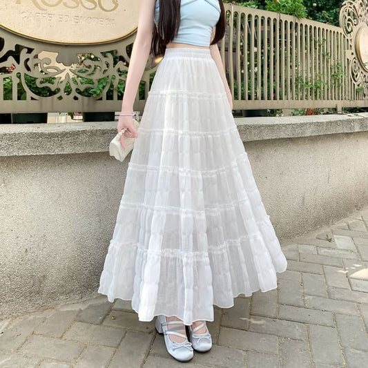 A-Line Tiered Waist Mesh Elastic Plain Skirt Midi