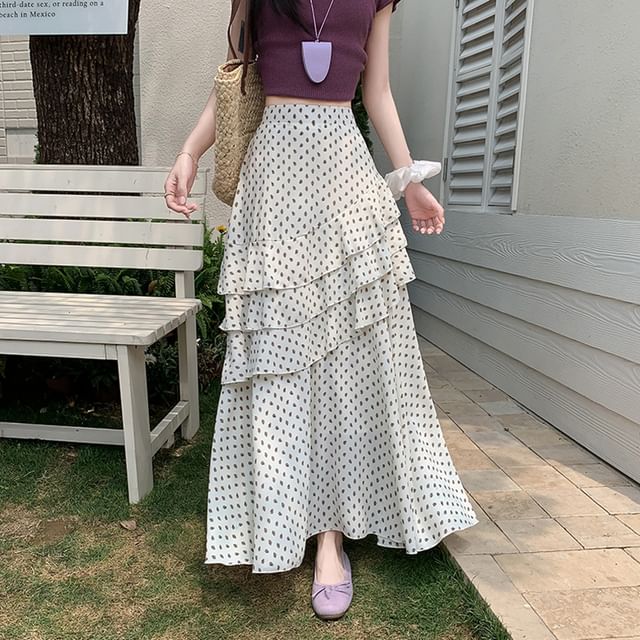 Midi Skirt A-Line Floral Waist Tiered High Asymmetrical