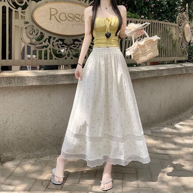 Lace Skirt Midi Panel Waist Elastic A-Line Floral