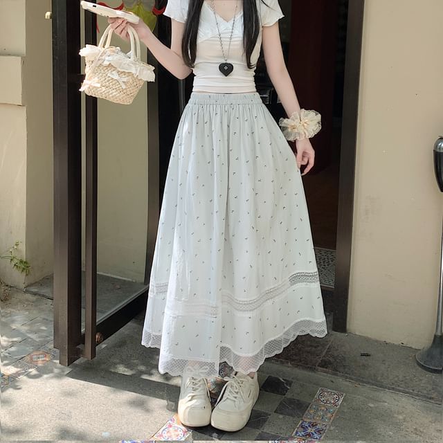 Lace Skirt Midi Panel Waist Elastic A-Line Floral