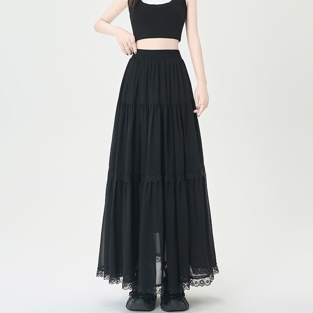 Waist Midi Skirt Plain Lace A-Line Trim Elastic Tiered
