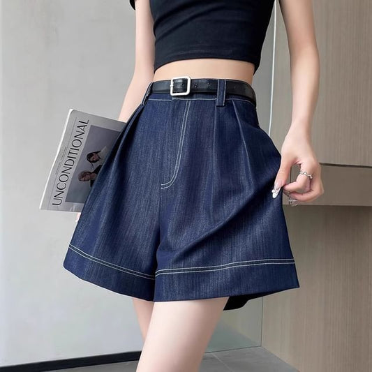 High Waist Contrast Stitching Denim Shorts