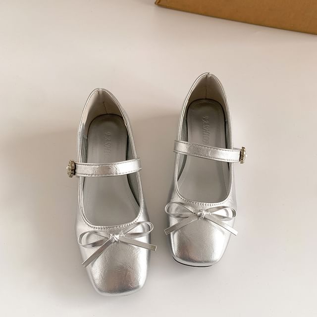 Jane Leather Mary Toe Low Faux Pumps Bow Square Heel