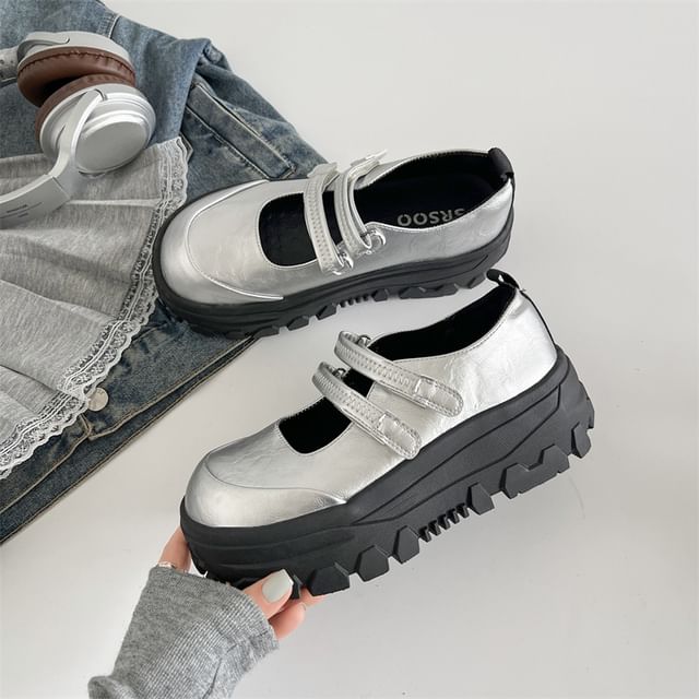 Strap Adhesive Faux Platform Jane Shoes Leather Mary