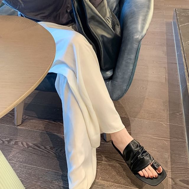 Sandals Square Toe Loop Slide Leather Ruched Faux