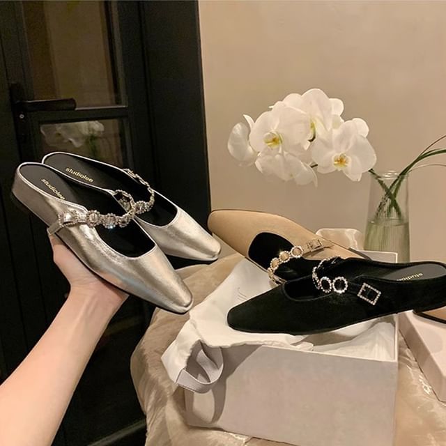 Mary Jane Mules Rhinestone Faux Hidden Leather Wedge