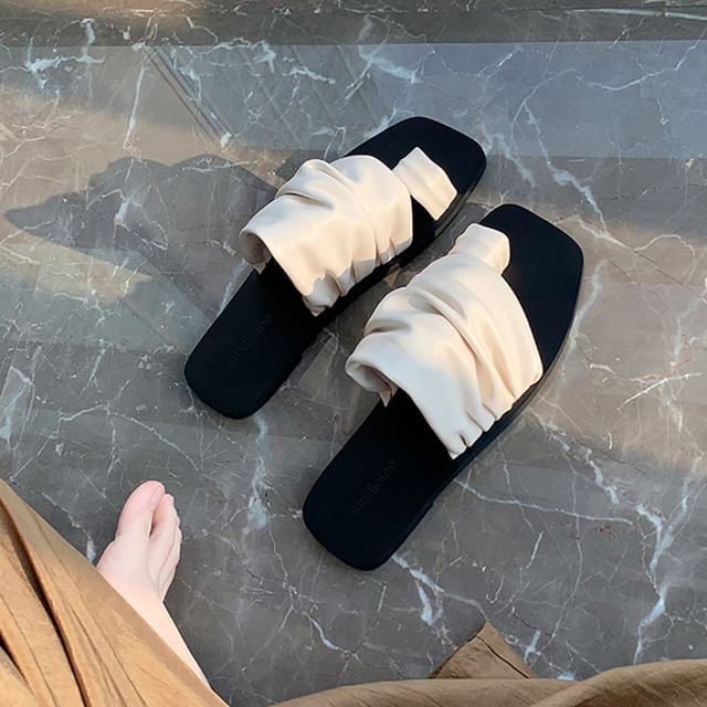 Sandals Square Toe Loop Slide Leather Ruched Faux