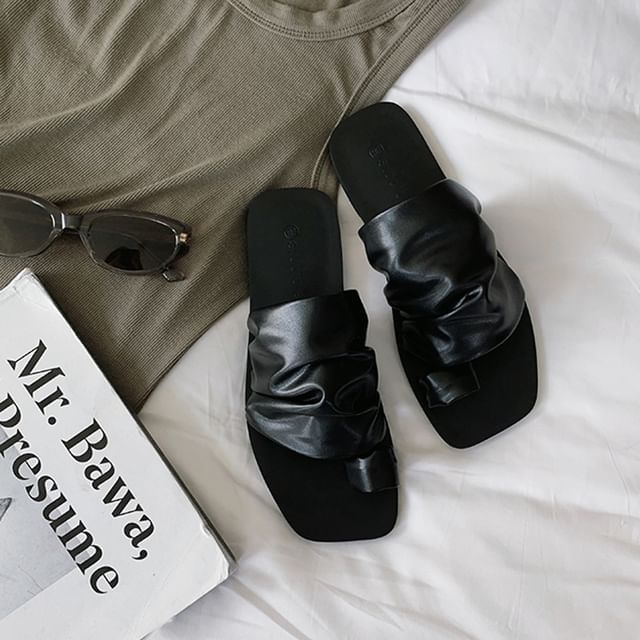 Sandals Square Toe Loop Slide Leather Ruched Faux