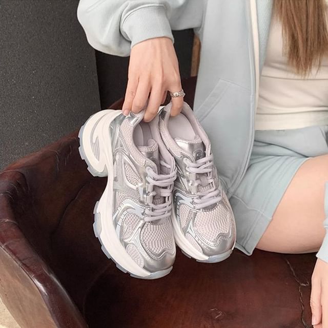 Platform Leather Lace-Up Mesh Sneakers Panel Genuine