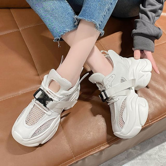 Buckled Lace-Up Mesh Platform Sneakers