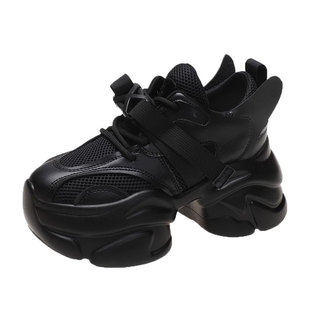 Buckled Lace-Up Mesh Platform Sneakers