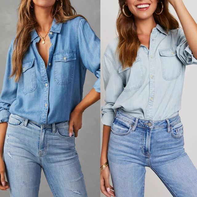 Denim V-Neck Shirt Sleeve Long Loose-Fit