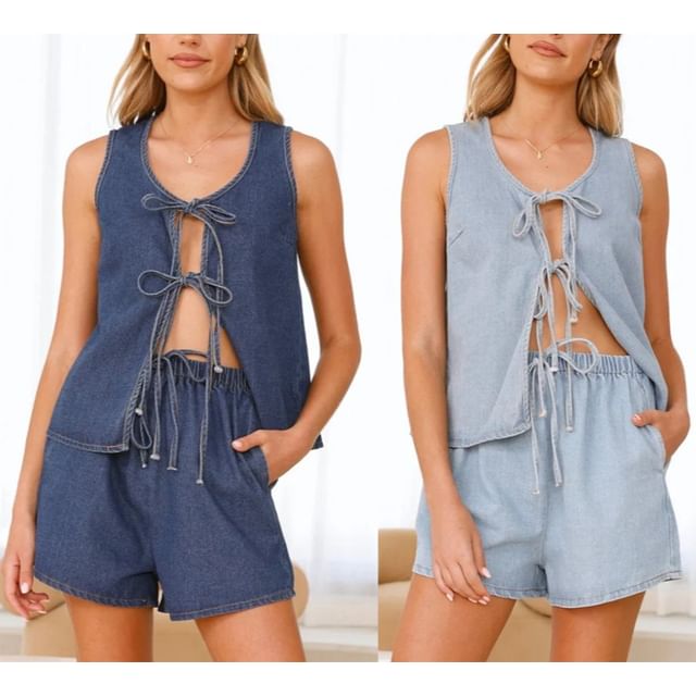 Set: Waist Top Tie-Front Wide-Leg Tank High Mini V-Neck Denim +
