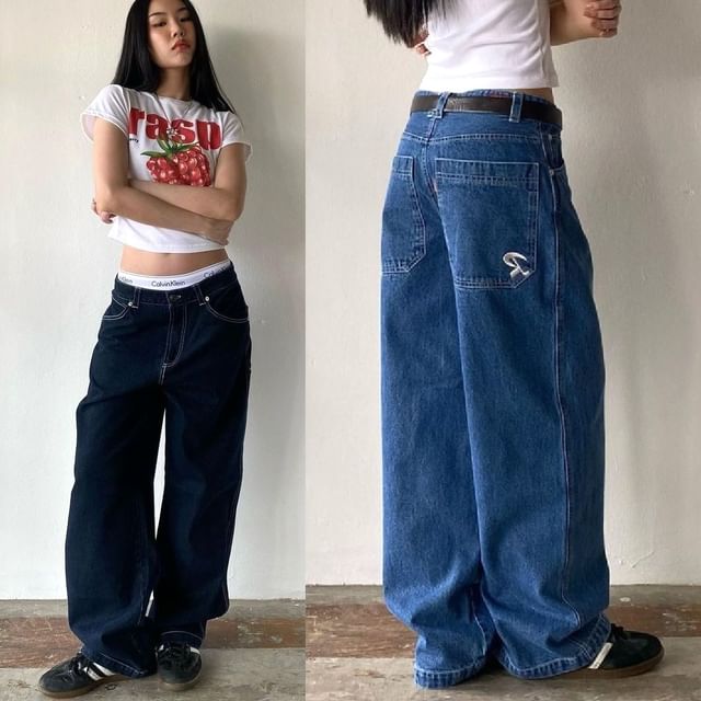 Loose-Fit Washed Low Wide-Leg Rise Jeans