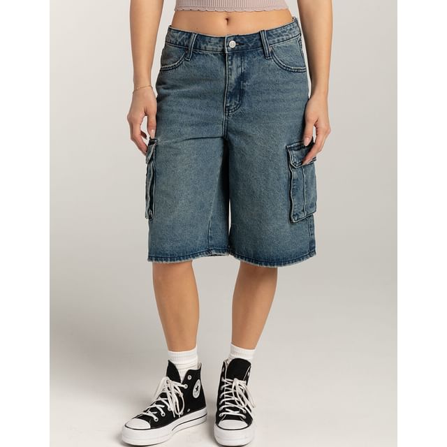 Pocket Denim Wide-Leg Waist Shorts Washed Low